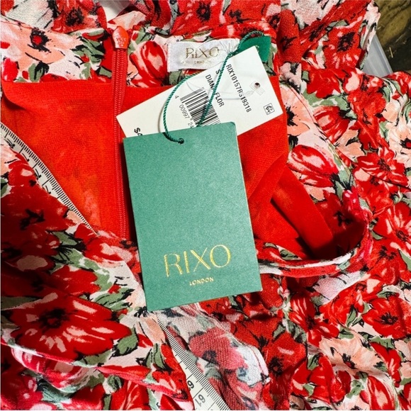 RIXO London 100% silk main red floral midi dress NWT - Picture 9 of 12